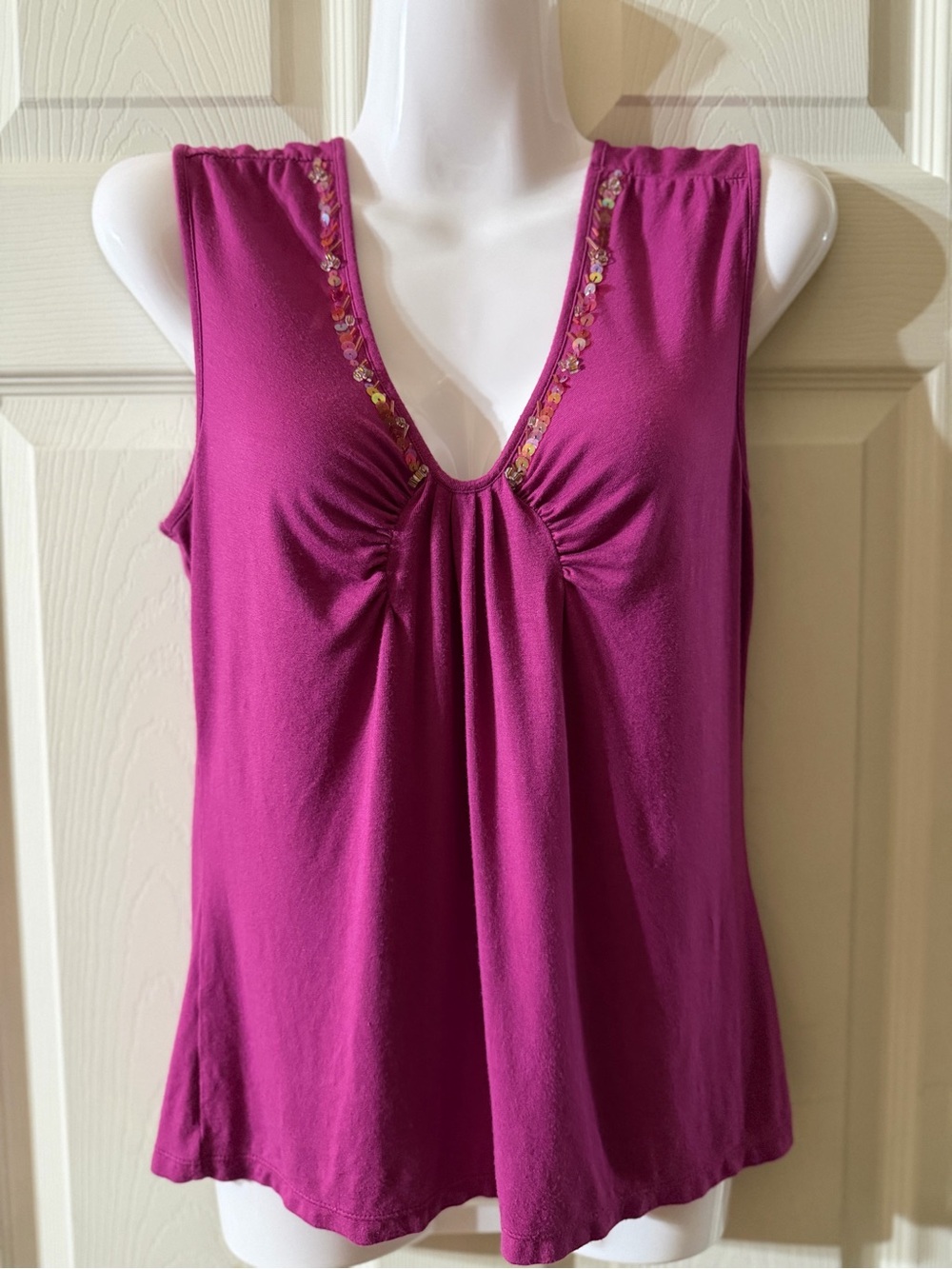 Sleeveless V-Neck Tank in Fuchsia with Sequin Trim